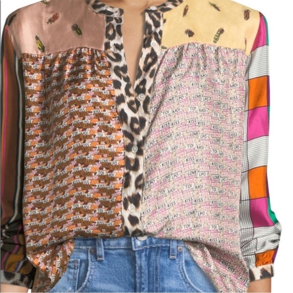 La Prestic Ouiston Romee Silk Blouse Popover Top Mixed Print Bird Snake Leopard - Picture 6 of 16